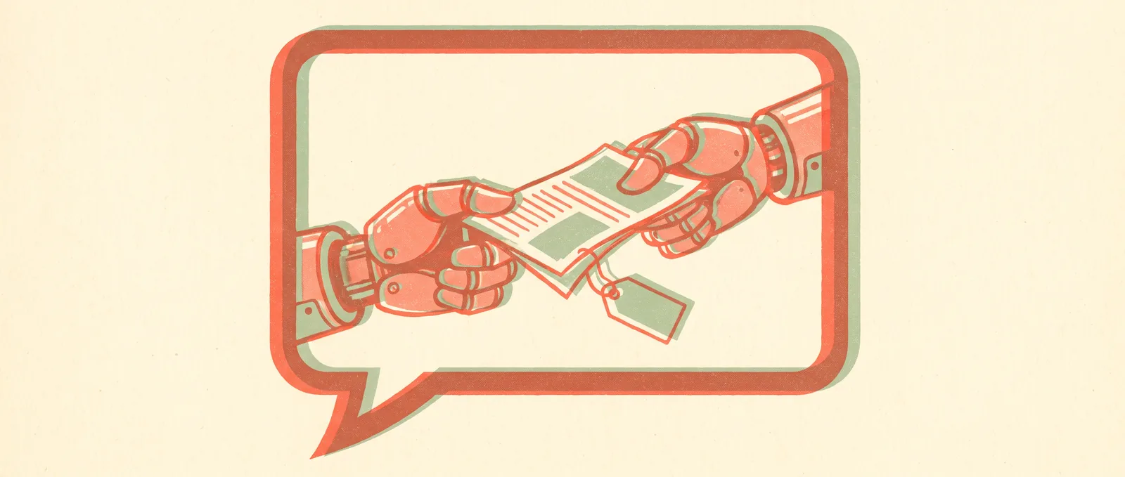 Two robot hands passing a folded flyer with a blank price tag to each other inside a large speech bubble