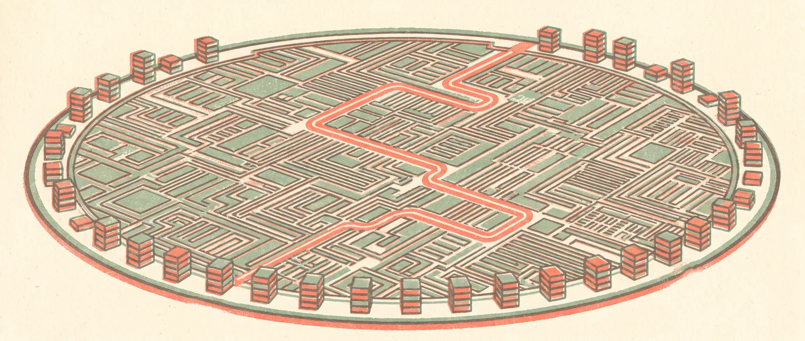 Une plaquette de silicium vue d'en haut avec un labyrinthe de circuits denses gravé en permanence et un seul itinéraire à travers celui-ci repéré dans le corail