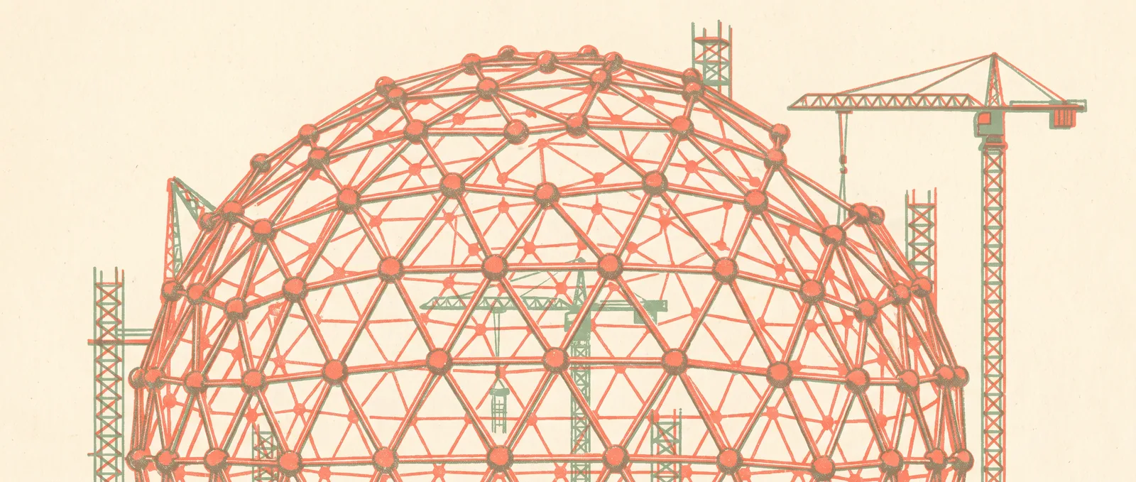 An enormous lattice dome of connected nodes under construction, dwarfing the cranes and scaffolding around it