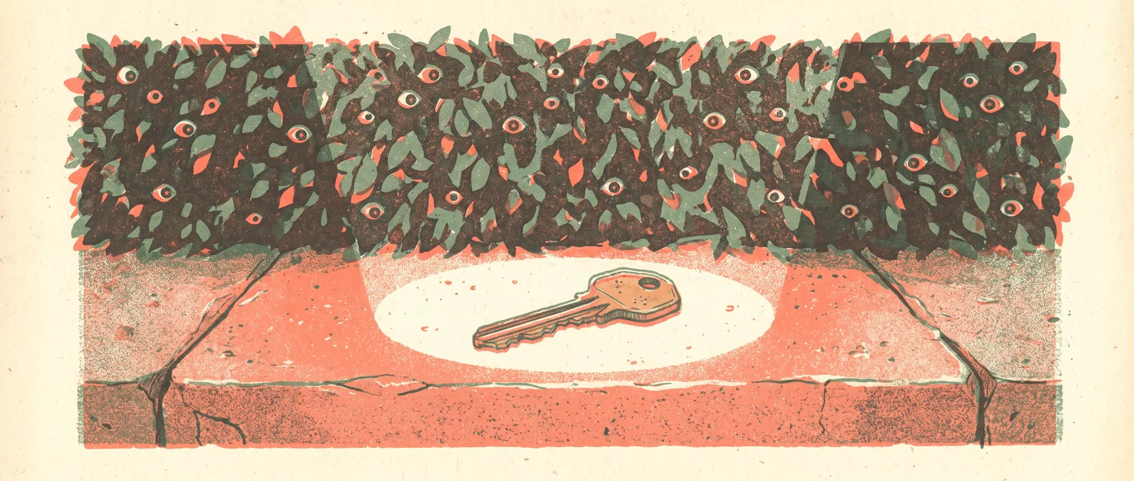 A single brass key lying in a pool of light on a doorstep, with a dark hedge behind it full of tiny watching eyes