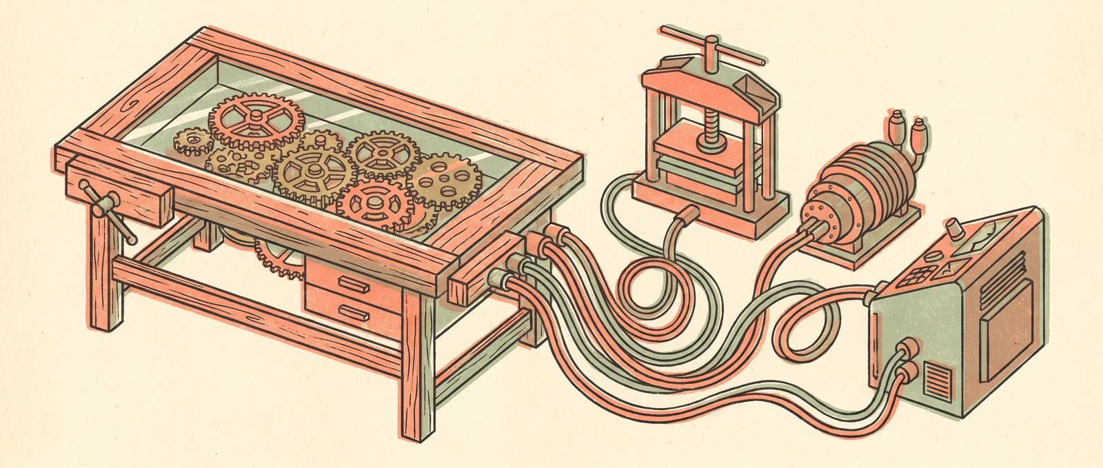 Un établi avec un couvercle en verre montrant les engrenages tournant à l'intérieur, des câbles partant de celui-ci vers plusieurs machines différentes