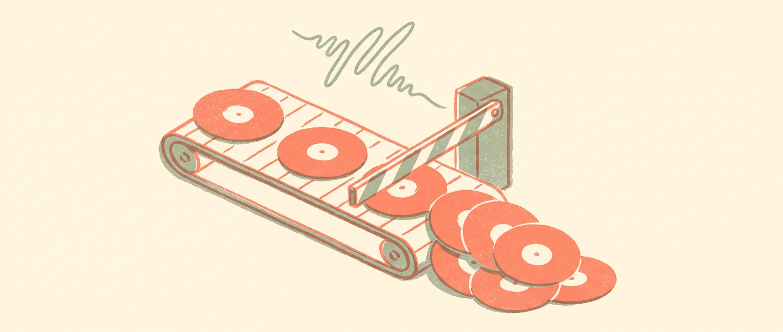A conveyor belt of identical blank records piling up against a lowered barrier gate, with one hand drawn sound wave curling away above