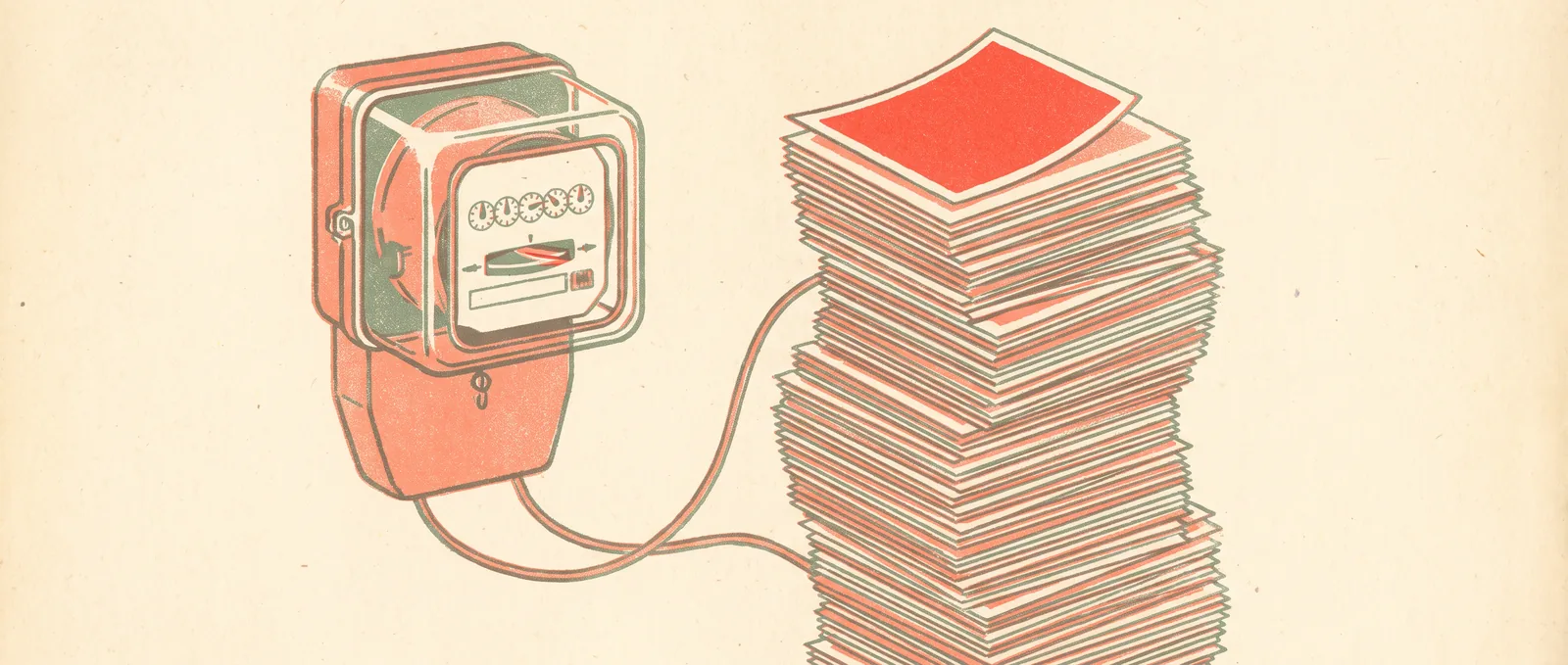 An analogue electricity meter wired to an enormous stack of identical pages, the single top sheet printed in bright coral