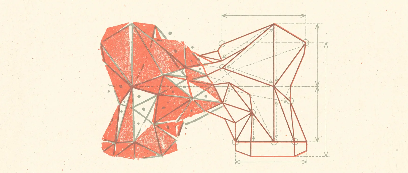 A rough triangular mesh shape on the left resolving into a precise technical blueprint of the same object with dimension lines