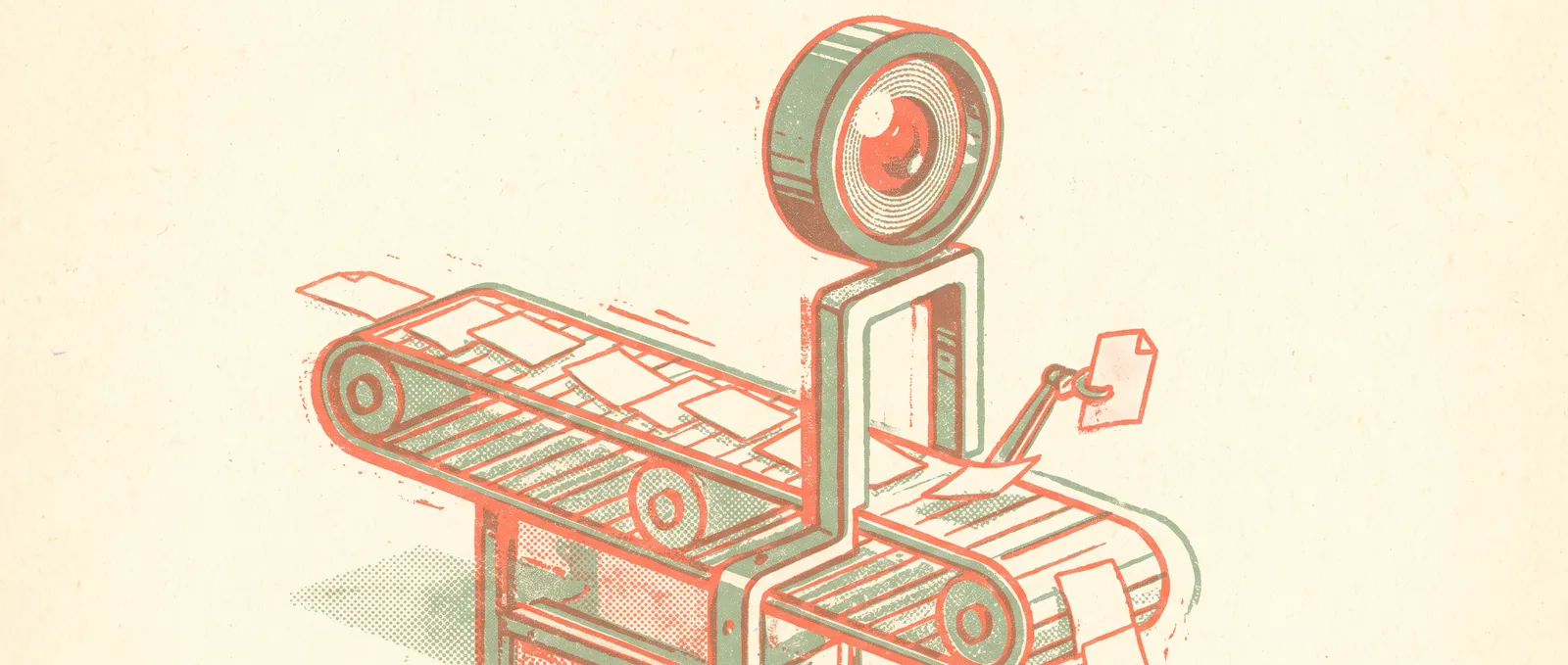 A conveyor of blank paper slips running through a mechanical gate beneath a large watchful lens, with one slip lifted aside while the rest flow on