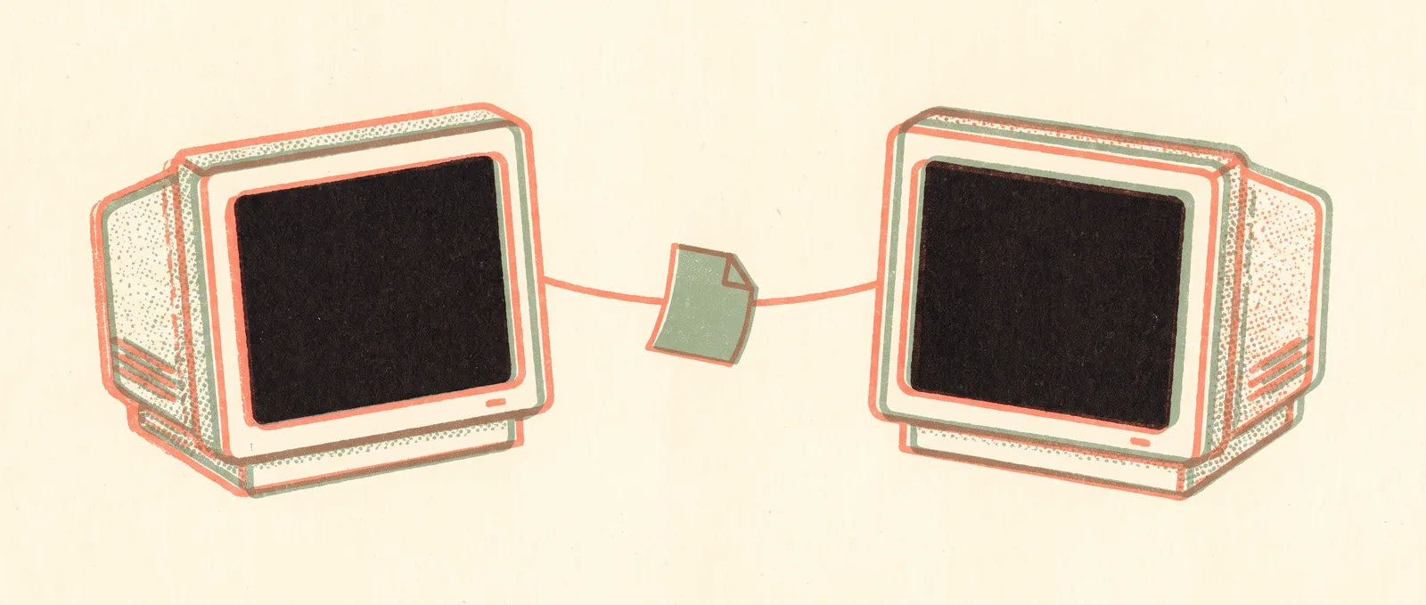 Due terminali di computer vintage uno di fronte all'altro, collegati da una corda tesa che porta tra loro una nota di carta piegata