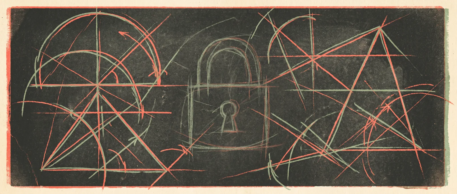 A chalkboard covered in compass arcs and geometric construction lines whose faint shapes form a closed padlock at the centre