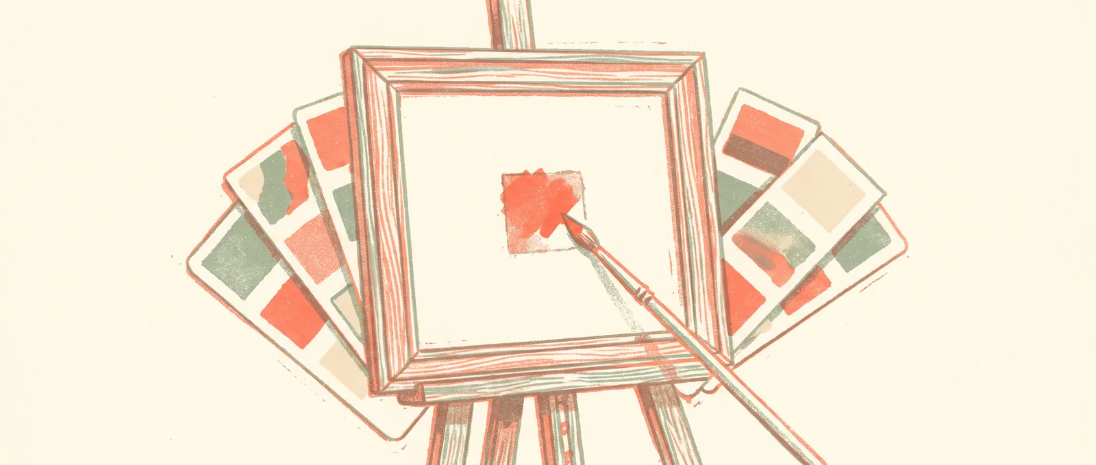An empty canvas on an easel with one small square patch being repainted in coral by a fine brush, reference colour cards fanned out behind