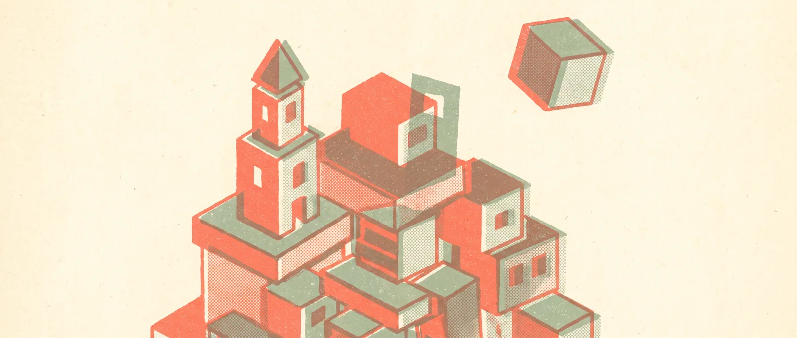 A small independent tower of blocks being absorbed into a much larger stack, one loose block drifting away
