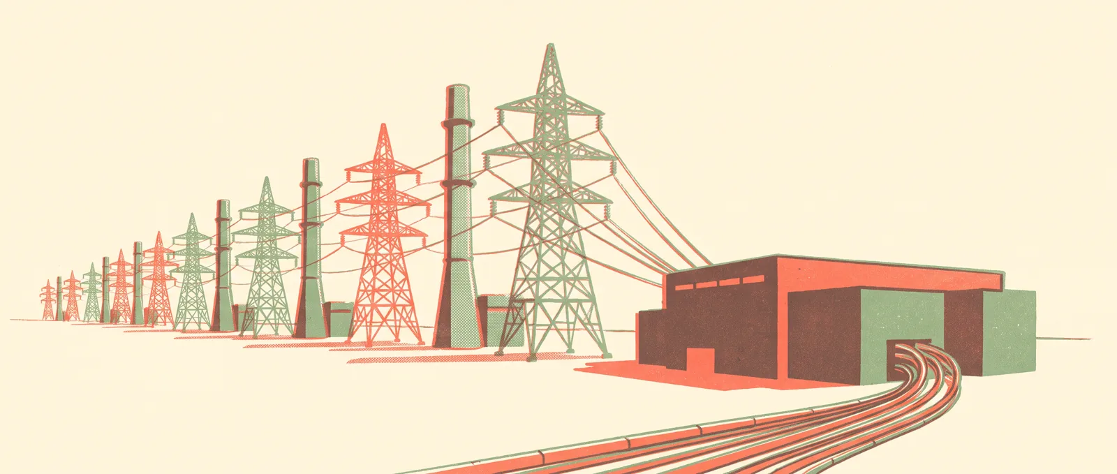 Electricity pylons and turbine stacks marching across open land toward a low windowless server hall