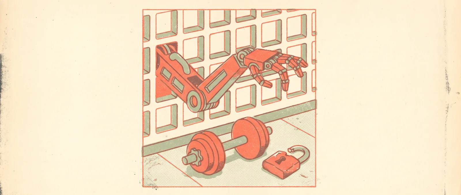 A mechanical arm reaching through a grid of empty appointment slots, a dumbbell and a broken padlock on the floor beside it