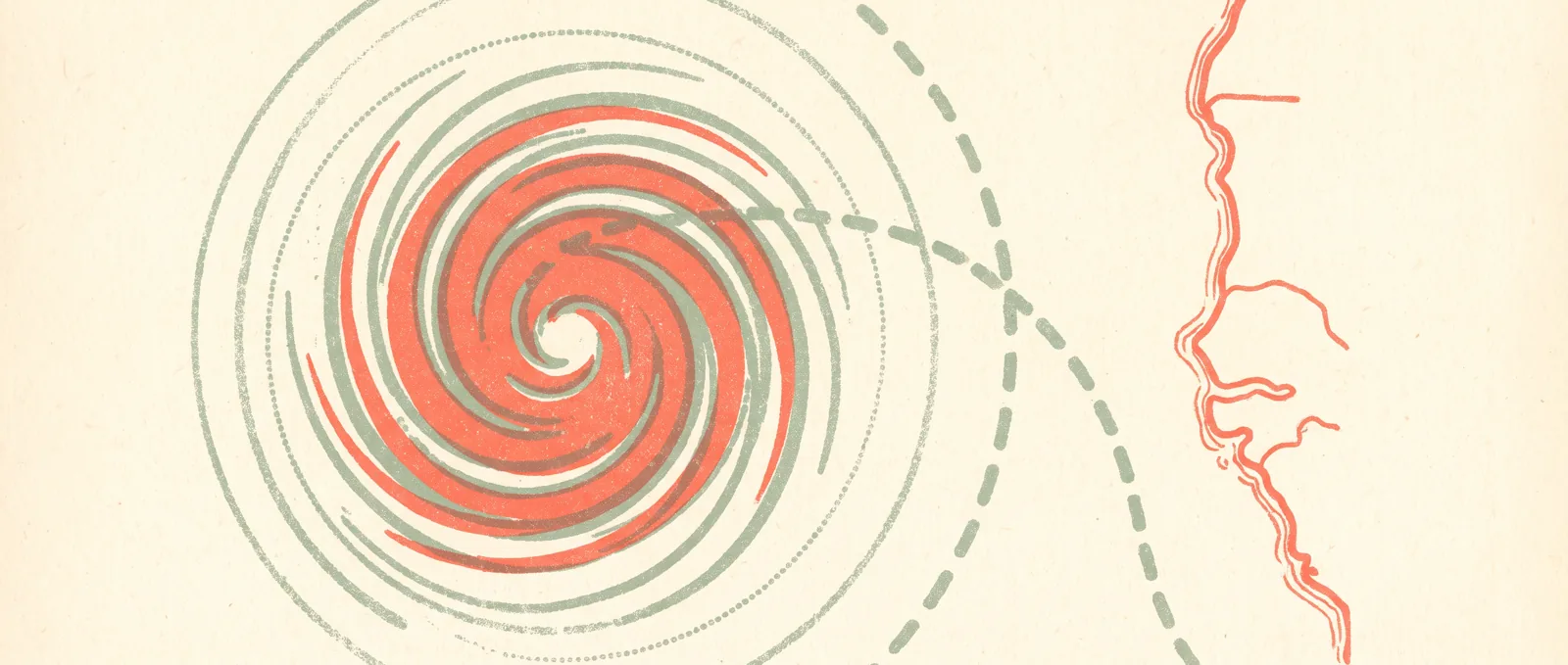 A spiral cyclone seen from above with concentric probability rings and a dotted forecast track curving toward a coastline