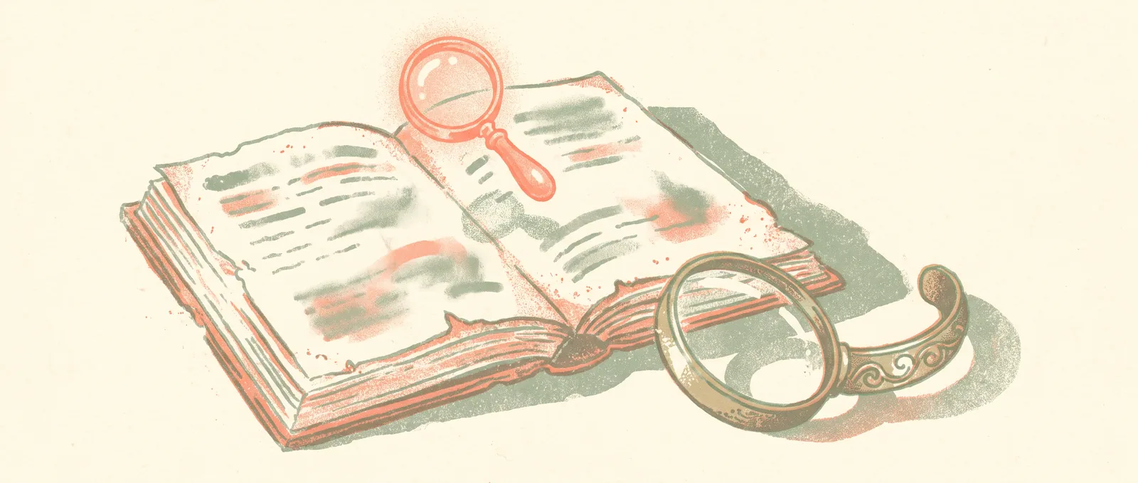 An old open book with blurred marks, a small coral lens hovering above it while a large ornate lens lies discarded