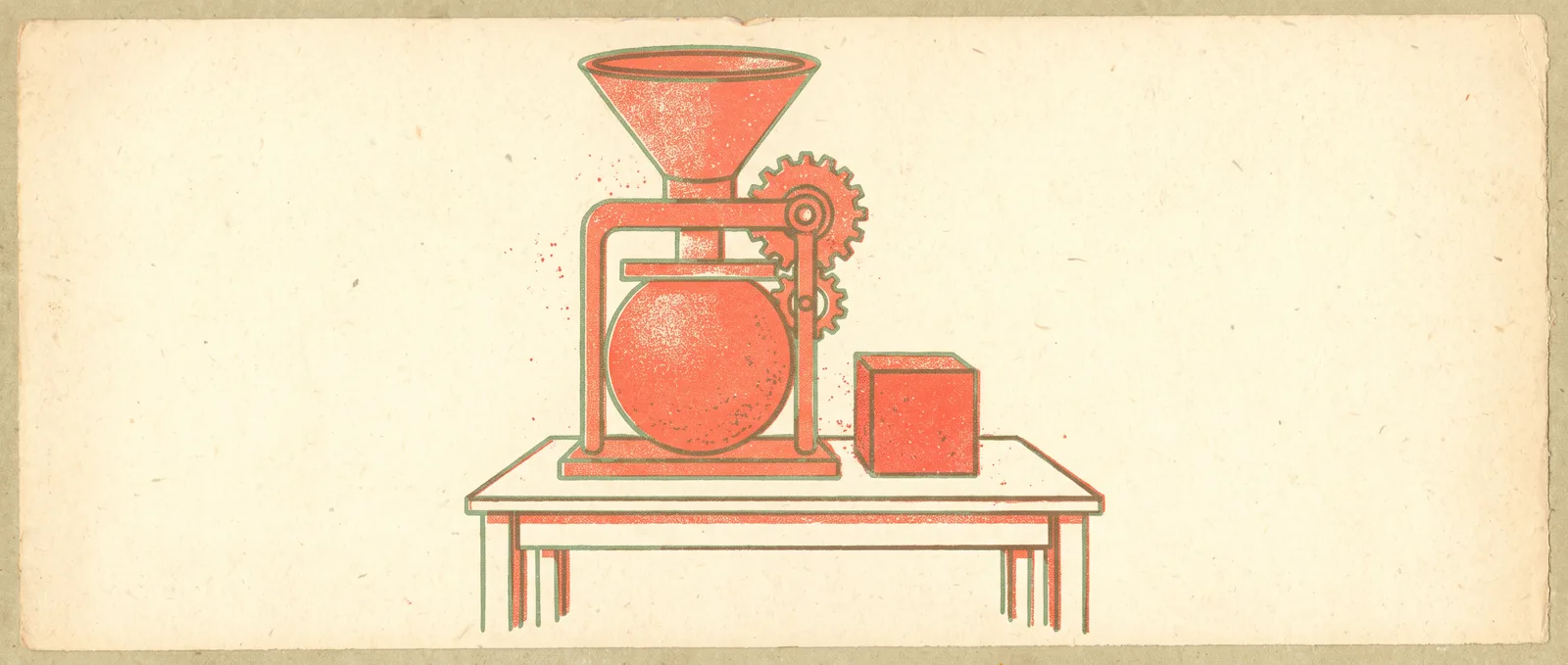 Une grande sphère de corail pressée à travers une machine à entonnoir et émergeant sous la forme d'un petit cube sur un bureau ordinaire