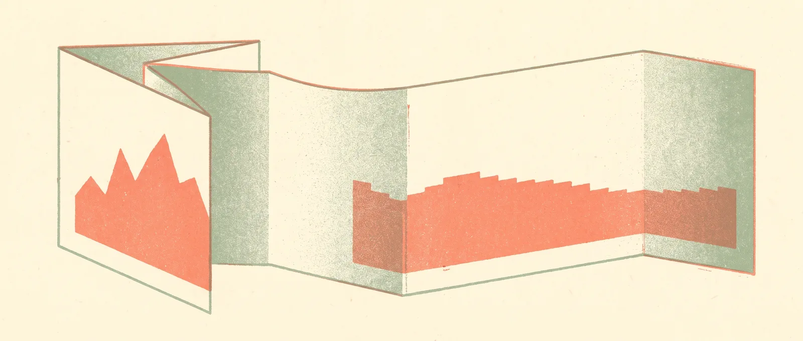 A folded paper panel showing dramatic peaks, the same sheet unfolding wide to reveal the bars are almost level