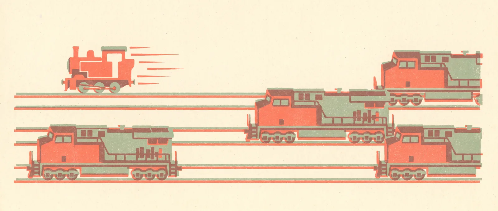 Una pequeña locomotora corriendo muy por delante de tres locomotoras de carga mucho más grandes en vías paralelas, con líneas de velocidad detrás de ella.