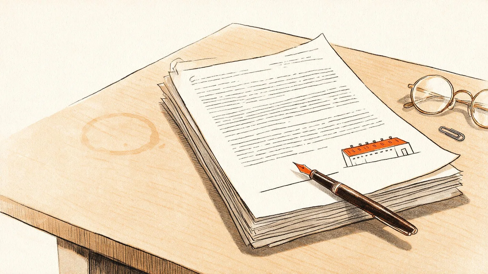 Risograph illustration of a desk with a thick lease document, a pen resting on the signature line, and a small data centre building sketched in the margin
