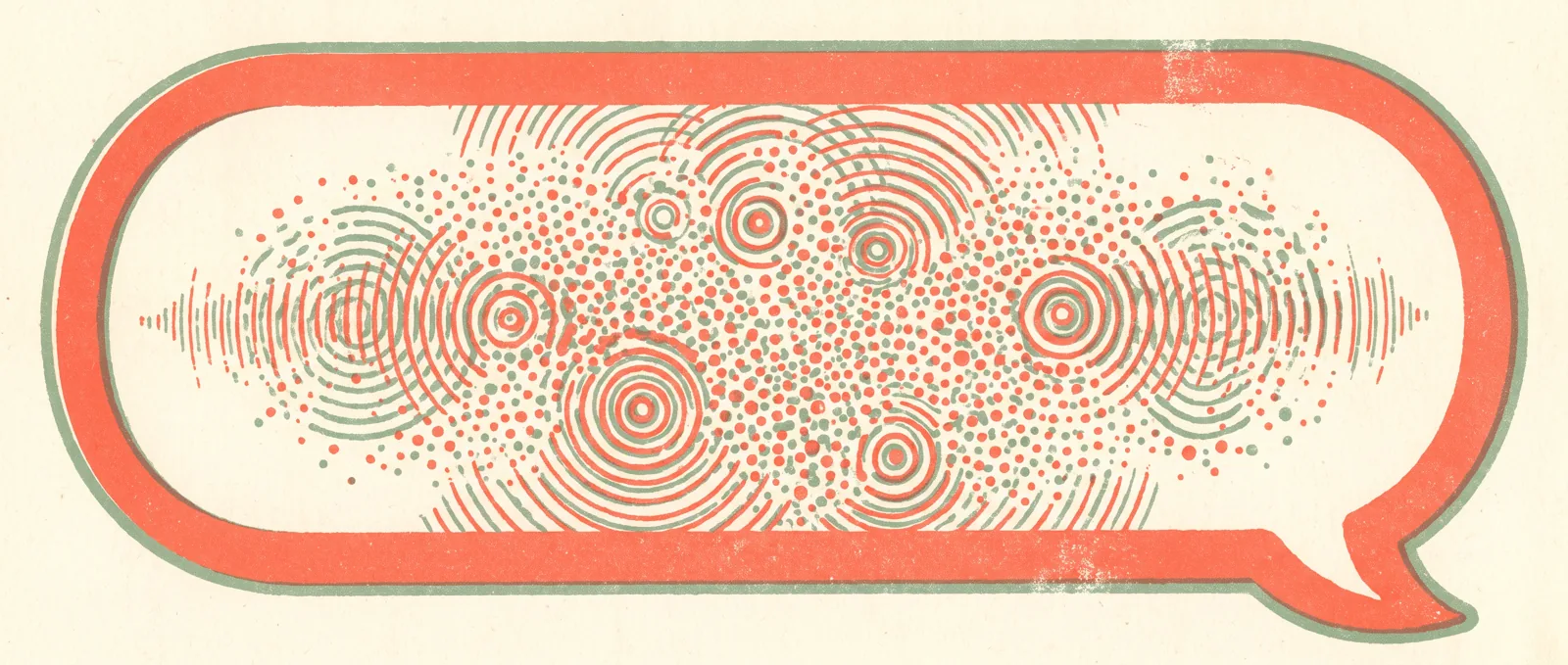 An enormous speech bubble filled with sound wave ripples and a dense scatter of dots, standing in for a billion people talking to an assistant