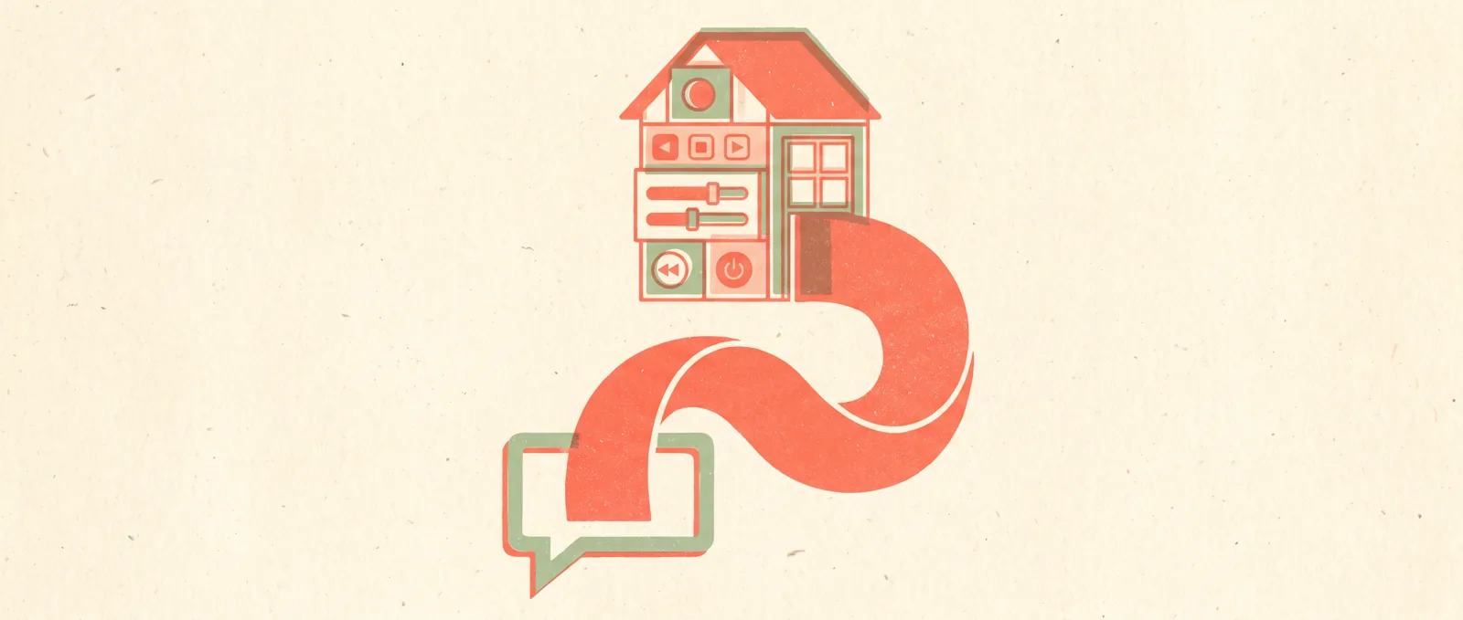 A ribbon rising out of a speech bubble and folding itself into a small house built from interface panels and buttons