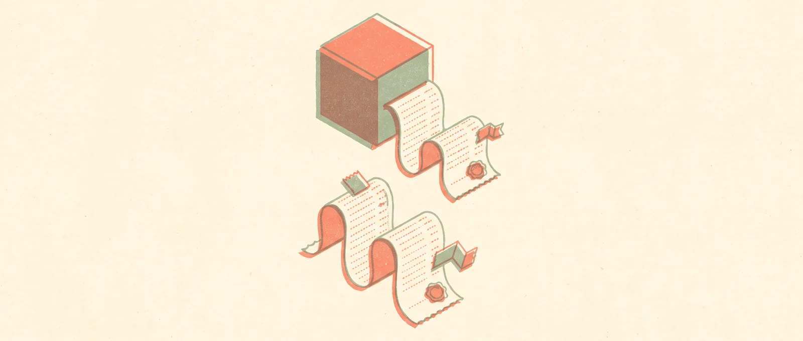 A solid block with a long itemised paper roll unspooling from it, each entry stamped with a small seal