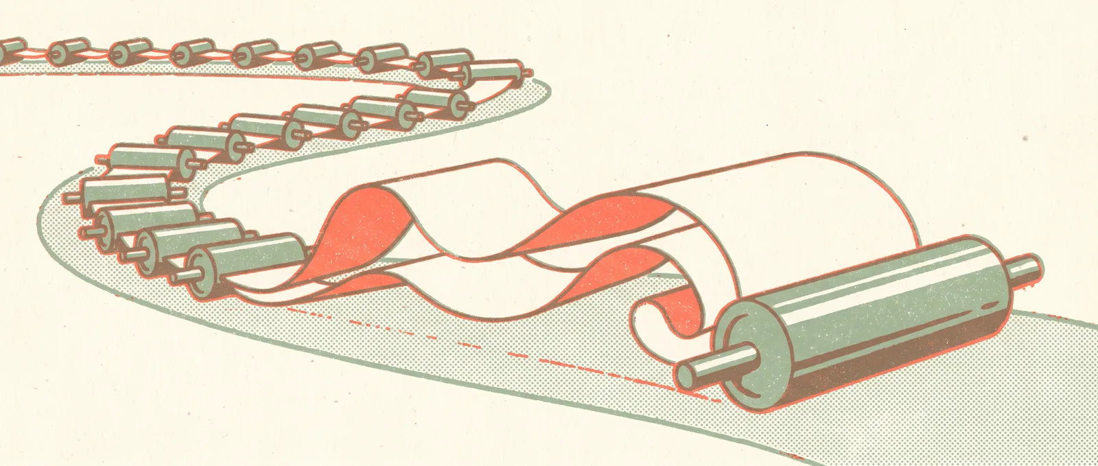 A single printing roller racing far ahead of a long trailing line of identical rollers, blank paper streaming from it