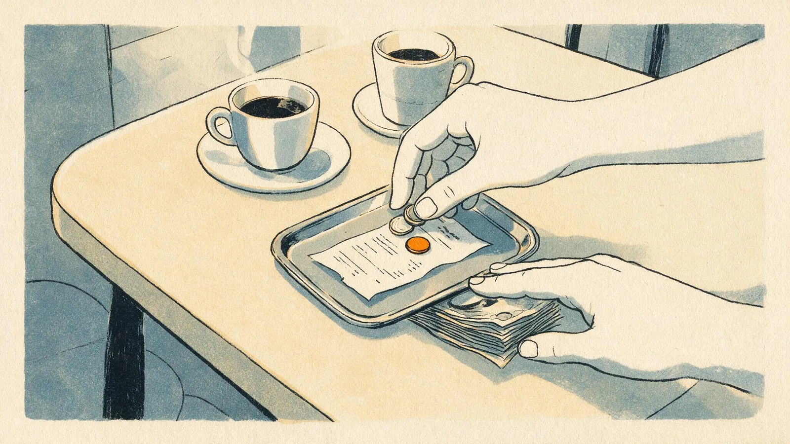 Risograph illustration of a cafe table from above, a hand placing coins on a receipt while a second hand slides a folded stack of banknotes under the tray