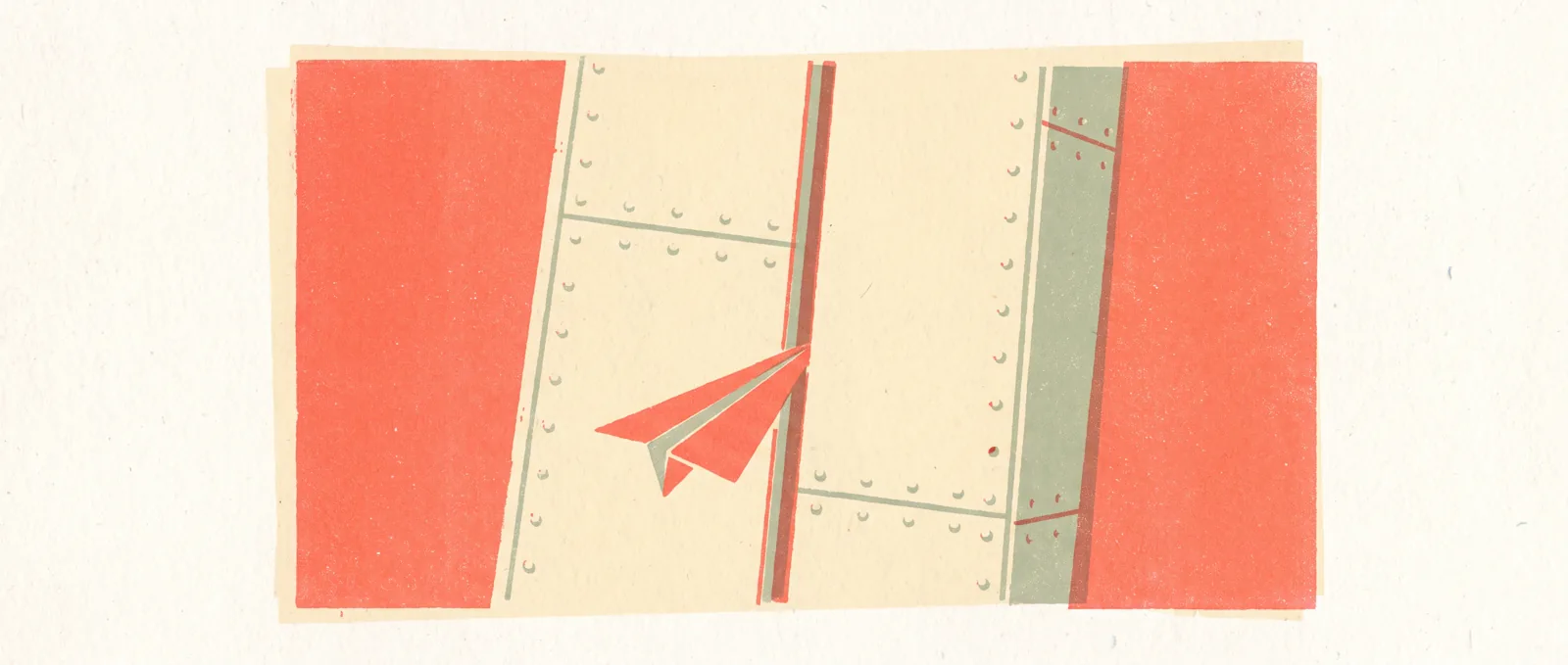 A small paper dart slipping through a single hairline gap in a wall of heavy riveted armour plating