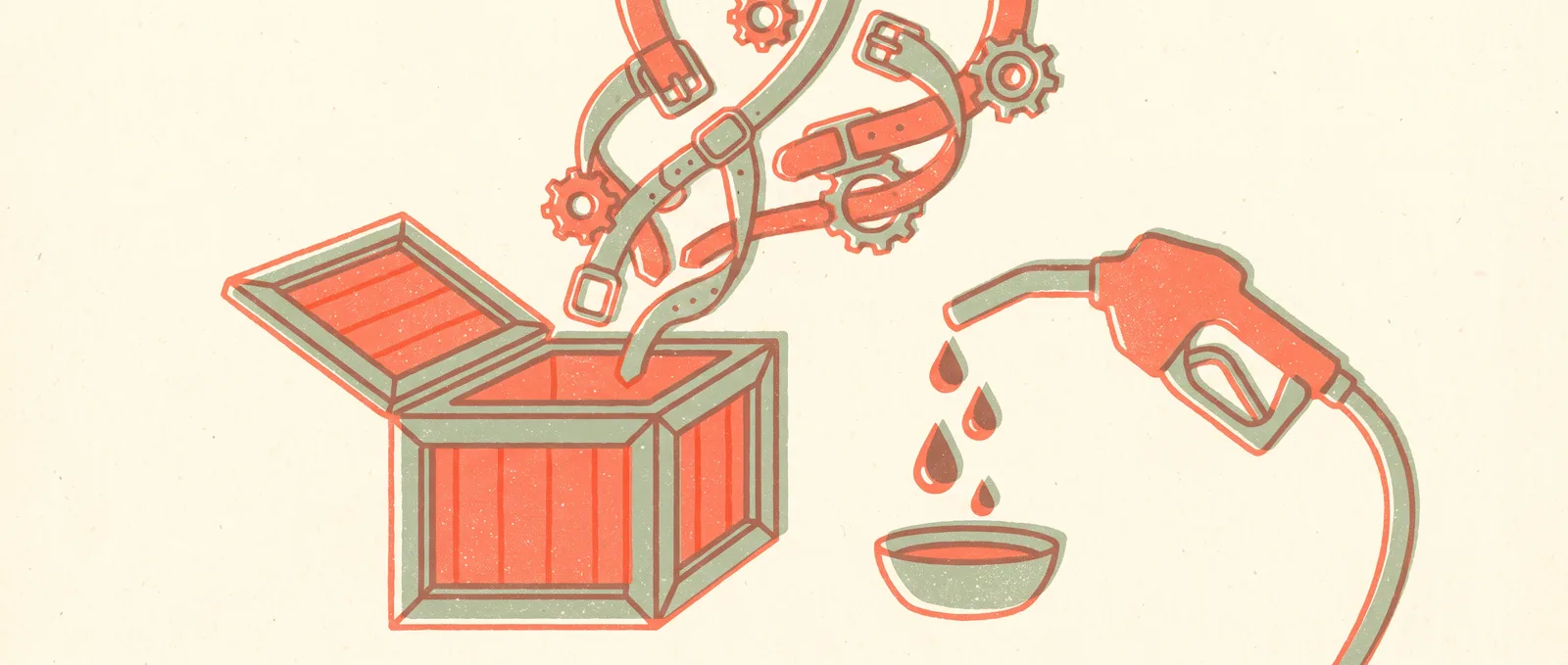 An open crate with harness straps and gears floating free out of it, while a fuel pump nozzle beside it drips into a bowl