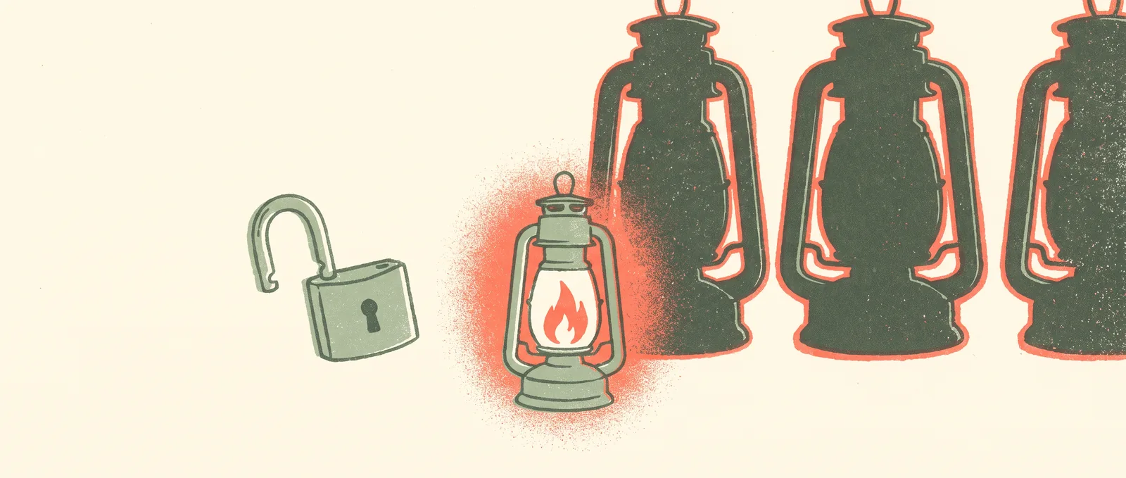 One small lantern burning brightly beside a wide open padlock, with three much larger unlit lanterns behind it