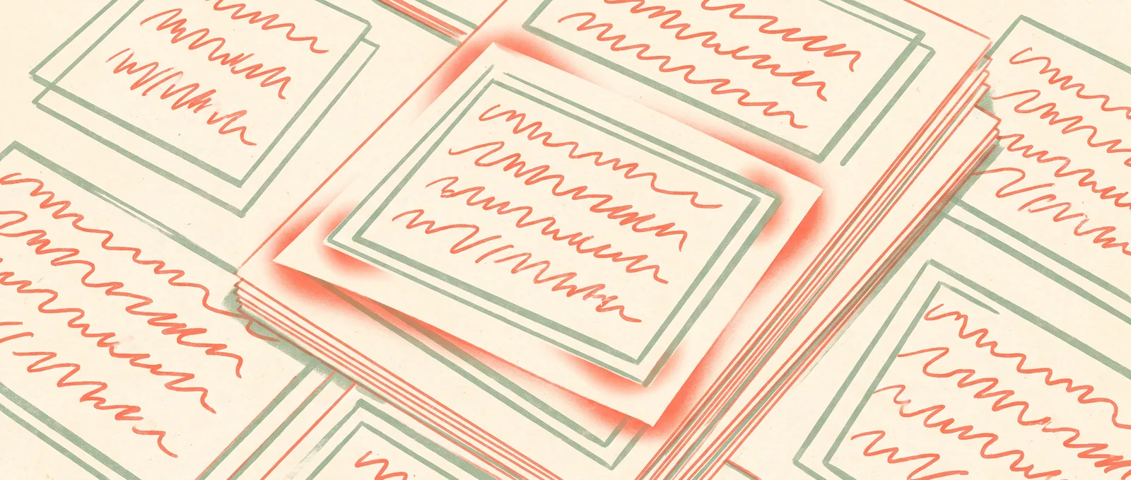 Stacked document pages covered in abstract squiggle lines, each block framed by a rectangle, one page lifted and glowing