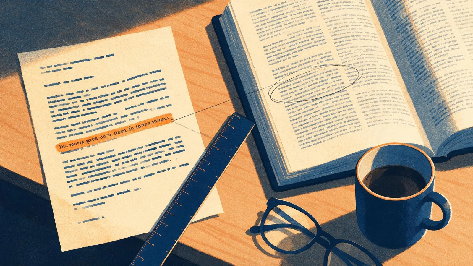 Risograph illustration of a sunlit wooden desk from above, a printed page with one sentence marked in tangerine highlighter, a pencil line running across a ruler to the same passage circled in an open reference book