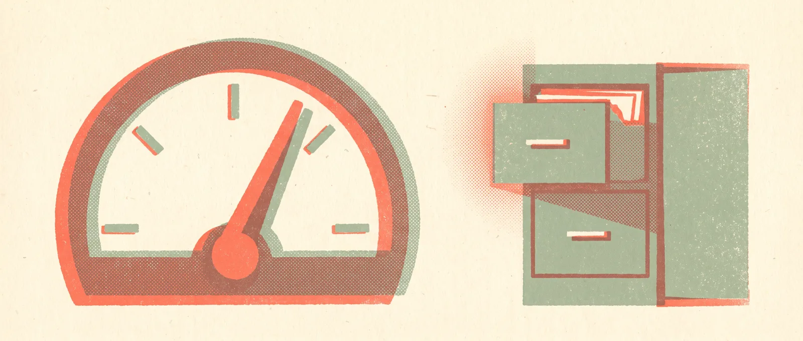 A large gauge with its needle nudged one notch higher, beside a closed drawer with light escaping the gap