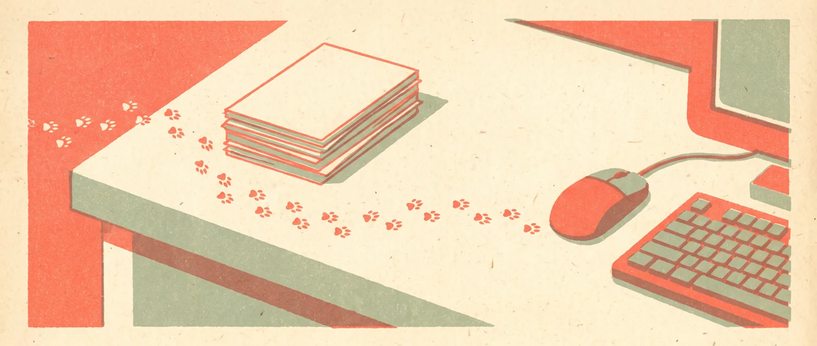 A trail of small paw prints crossing a desk from a mouse and keyboard to a neat stack of notepaper