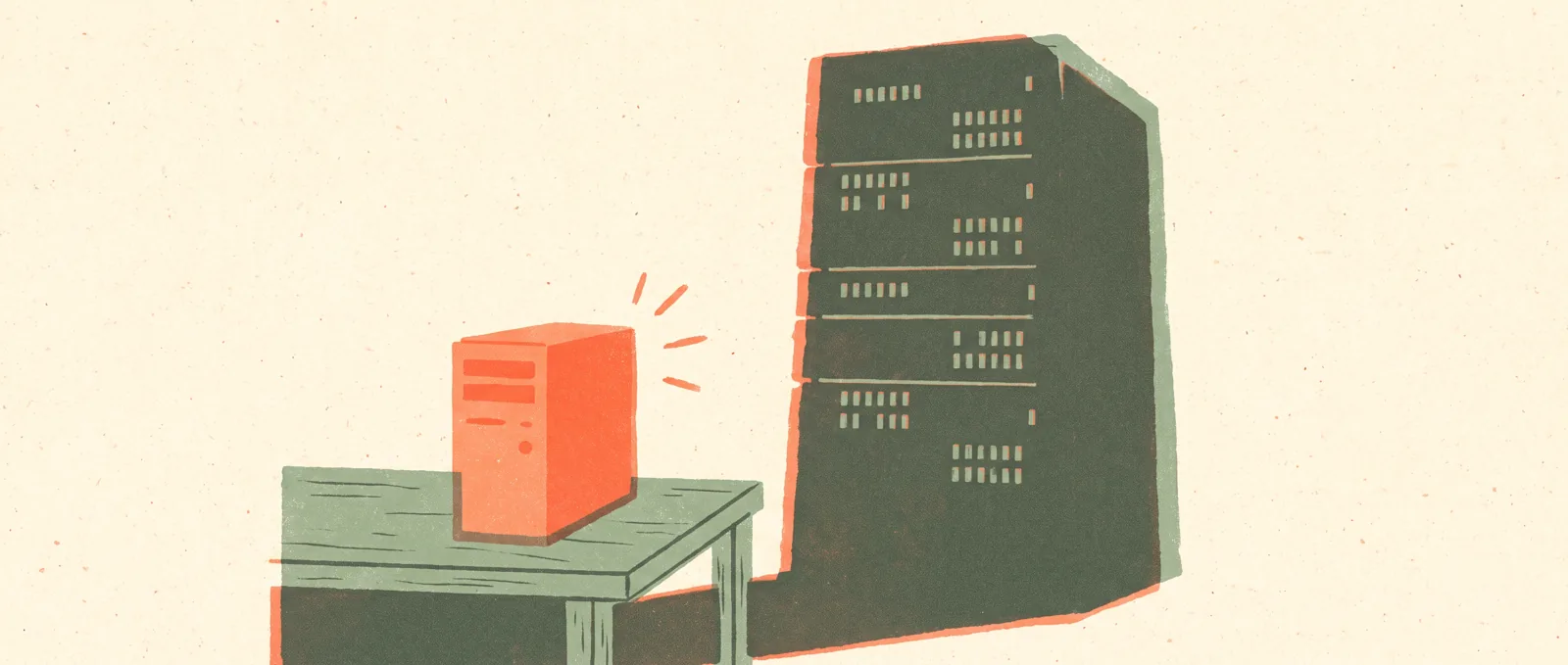 A small desktop computer glowing warmly on a desk beside the dark silhouette of a giant server cabinet