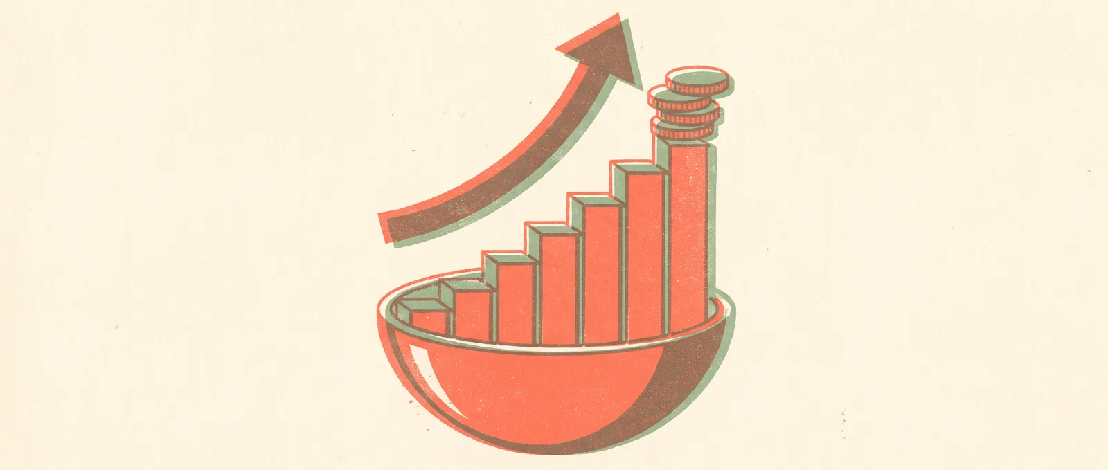 A steeply climbing stepped bar chart rising out of a deep bowl with stacked coins on top