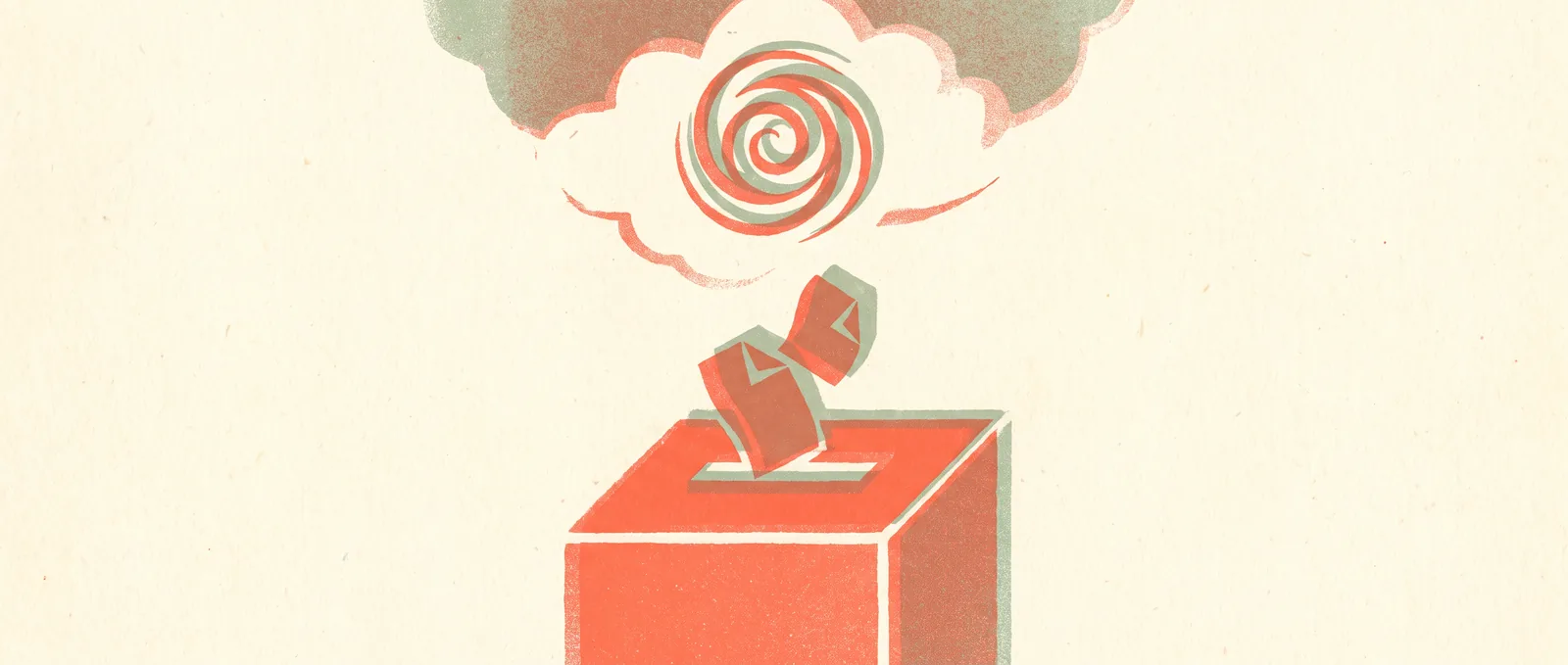A ballot box with folded paper slips dropping into the slot beneath a floating spiral emblem