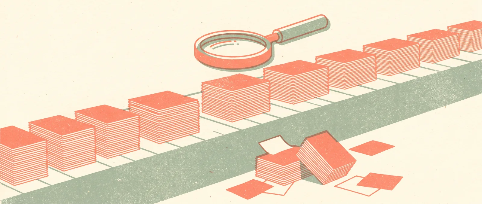 Rows of stacked paper documents on a conveyor belt under an oversized magnifying glass