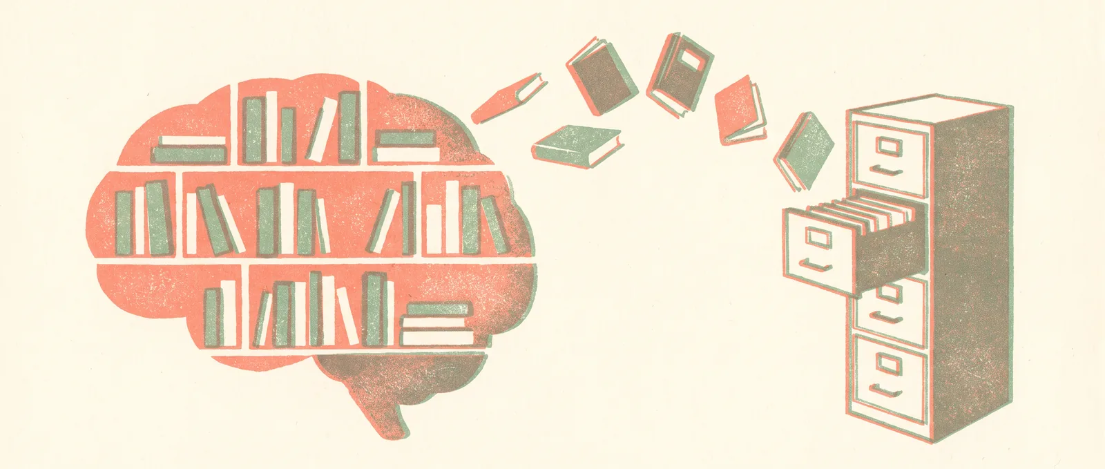 Una estantería con forma de cerebro medio vacía, cuyos libros vuelan hacia un archivador abierto
