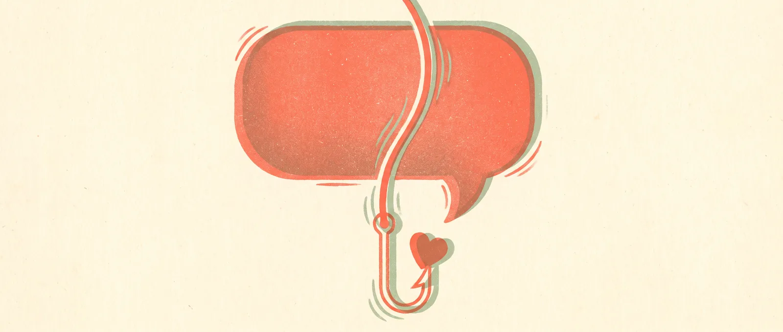 A fishing line descending into a chat speech bubble with a heart-shaped bait on the hook