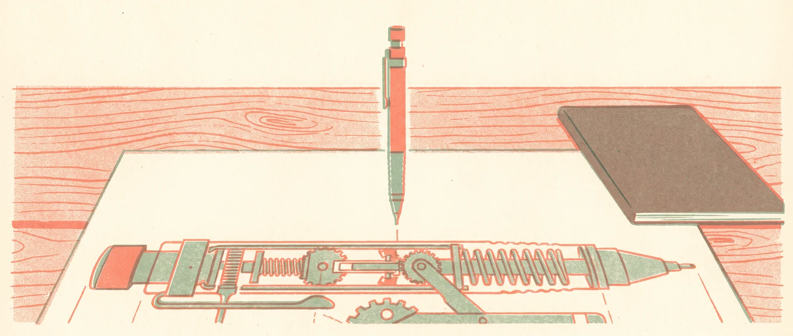 Risograph illustration of a small upright mechanical pencil on a workbench that has drawn on the paper below it a much larger and far more intricate blueprint of itself, dense with gears and springs and running past the edge of the sheet, a closed human notebook lying further away