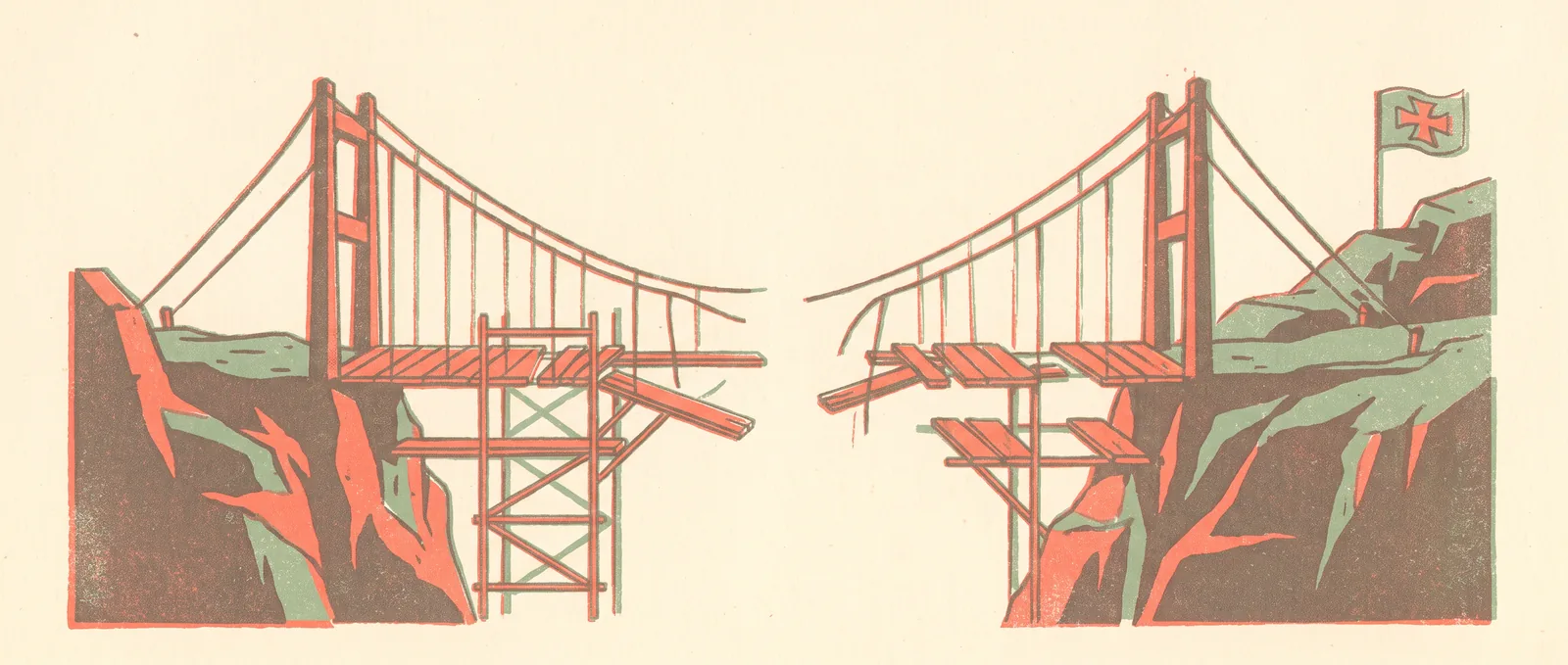 A broken suspension bridge with repair planks being laid across the missing middle section