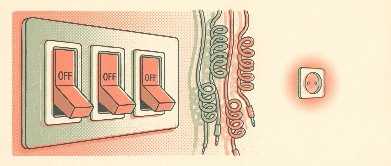 Tres interruptores de pared apagados, con cables desenchufados junto a una nueva toma débilmente iluminada
