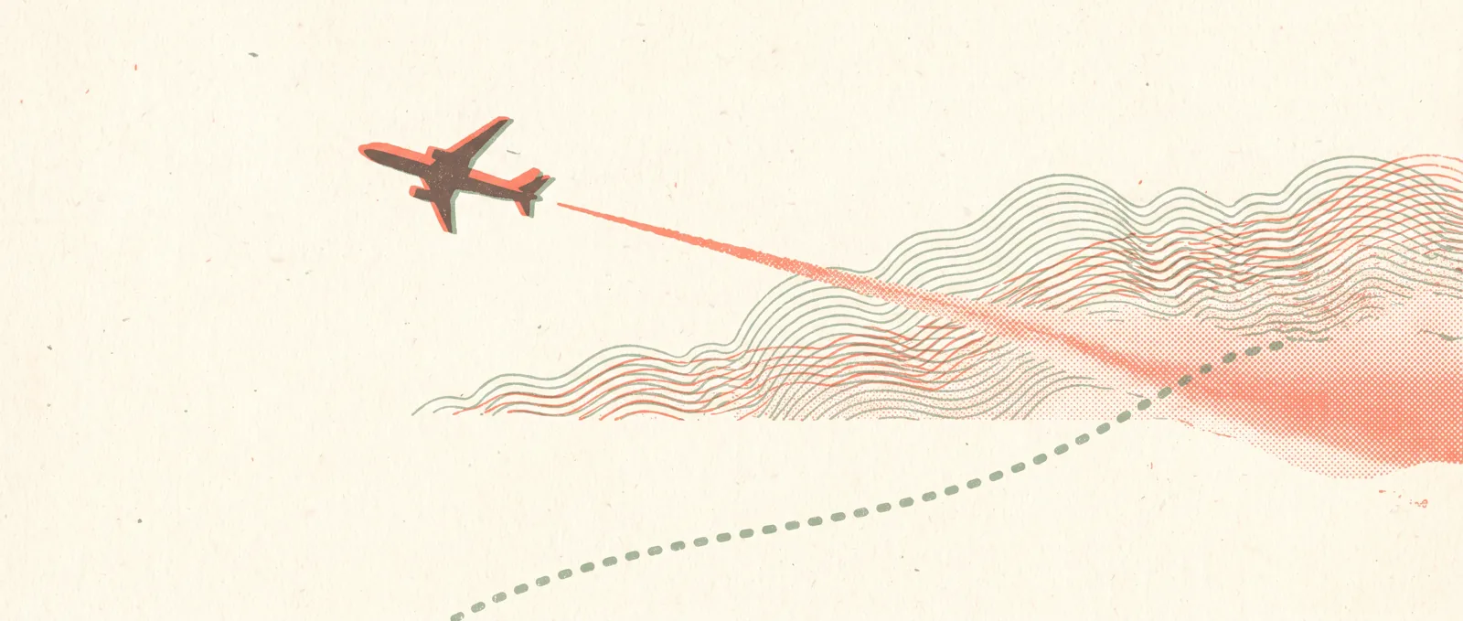 An aeroplane trailing a thin vapour line, with a dotted alternate path curving lower beneath a band of cloud
