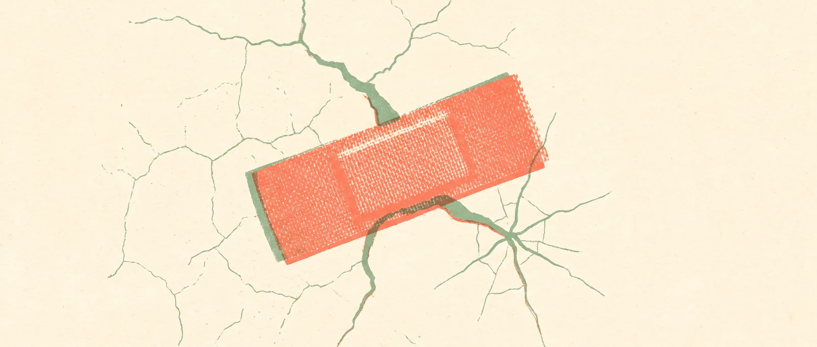 A sticking plaster patch across a crack in a wall, with a new crack spreading out from beneath its edge