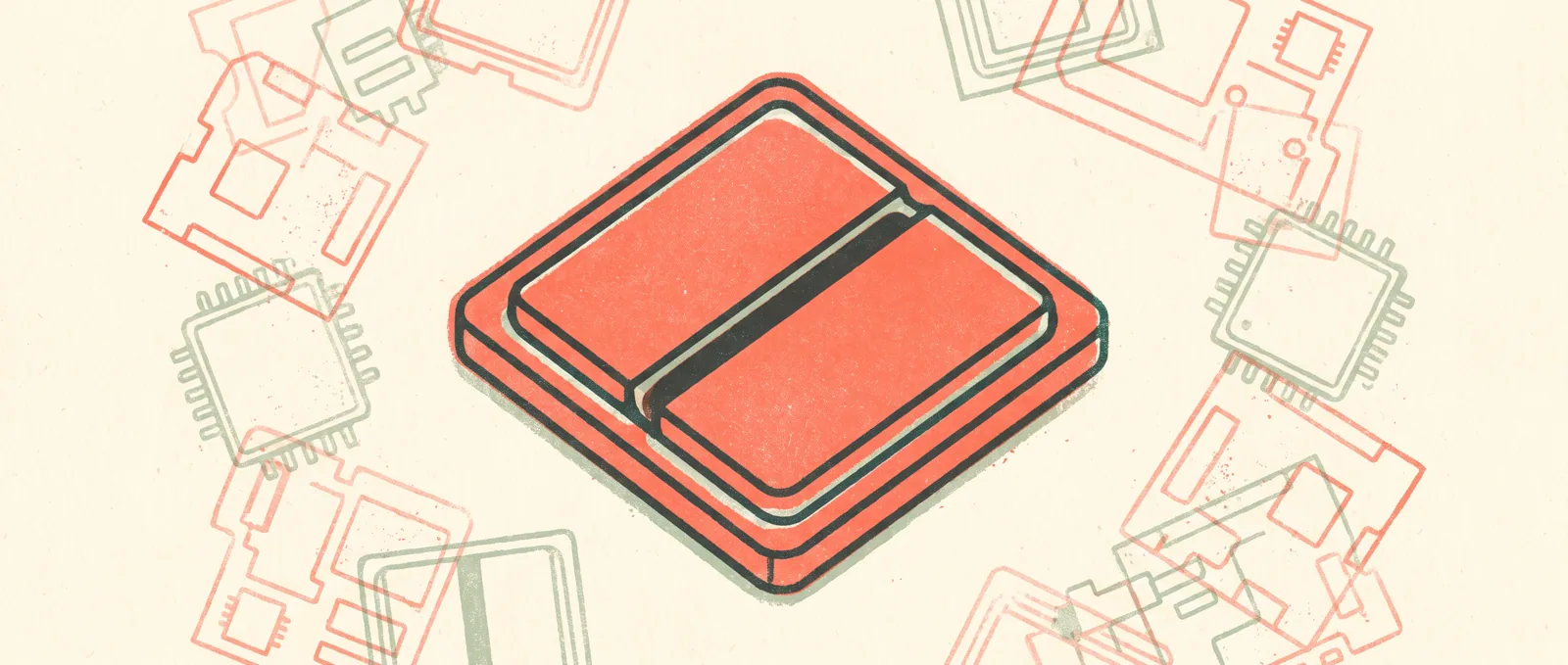 One bold microchip square with a single deep groove carved through its centre, surrounded by faint discarded chip outlines
