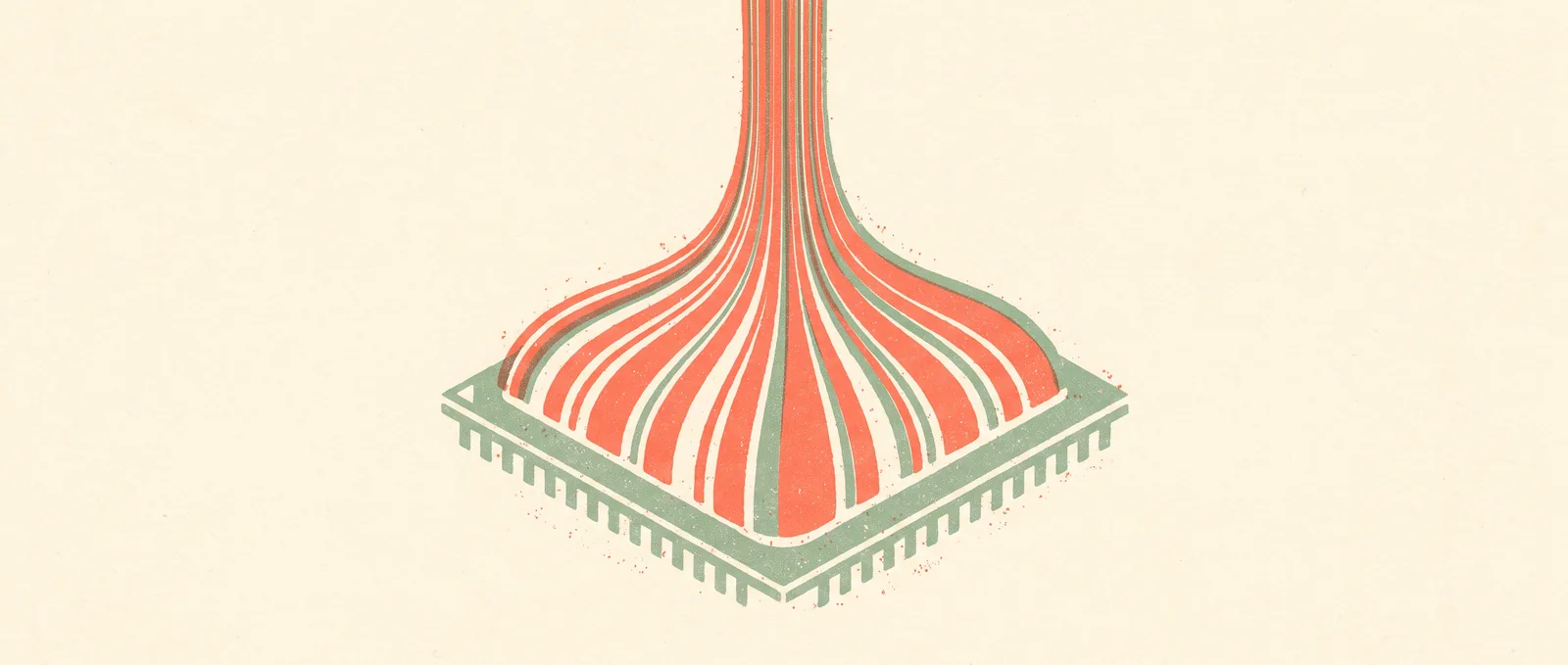 A wide fan of flowing lines funnelled into one narrow fast jet rising from a single processor chip
