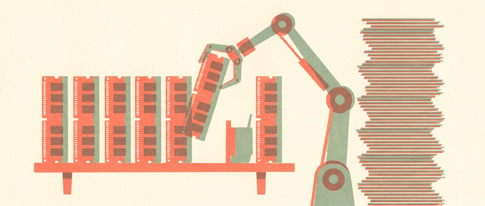 Un bras de grue soulevant les modules de mémoire d'une étagère vers une grande pile de couches minces, laissant des espaces derrière