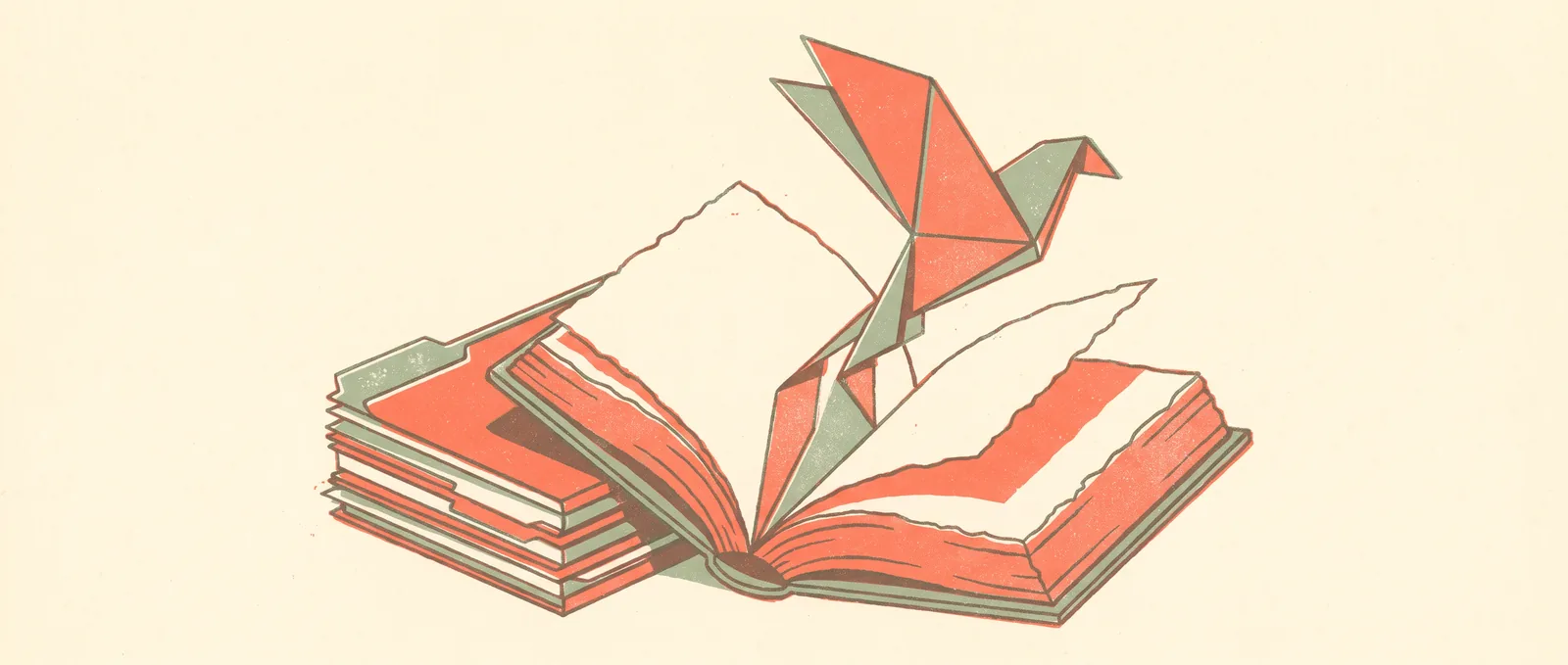 Un livre de droit ouvert dont les pages se replient pour former un oiseau en origami prenant son envol à côté d'une pile de dossiers de documents
