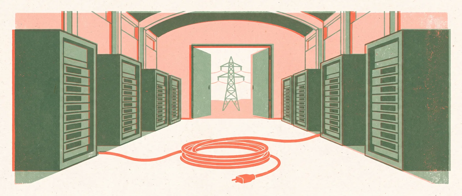 An empty data centre hall of unlit racks with a single unplugged power cable coiled on the floor and a pylon beyond the open door