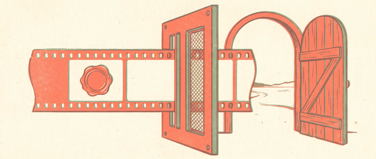 A strip of film passing through a filtered gate, one frame carrying a wax seal, a wide door still standing open behind
